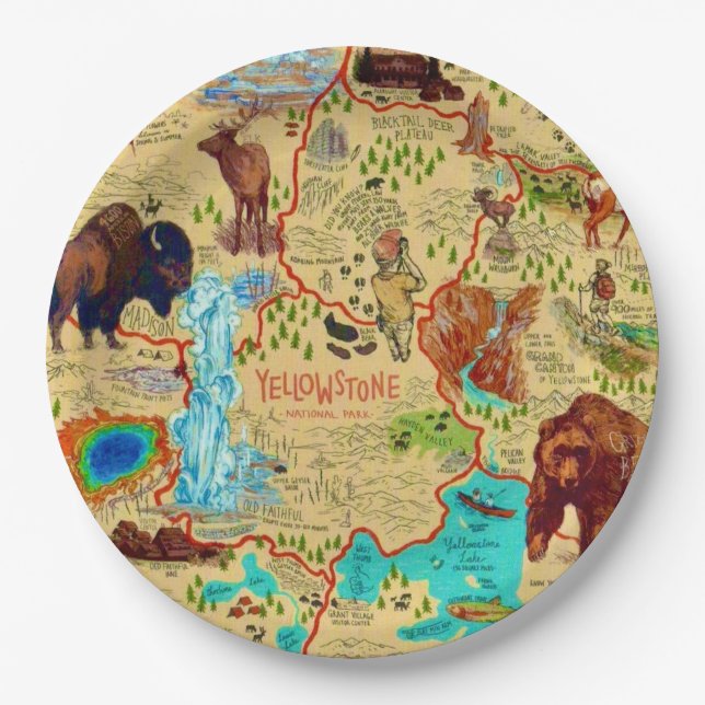 Yellowstone National Park Map Paper Plates (Front)