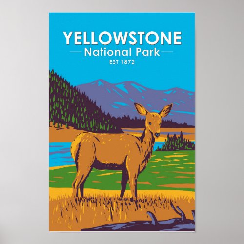 Yellowstone National Park Mule Deer Vintage Poster