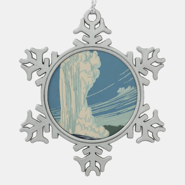 Yellowstone National Park Old Faithful Snowflake Pewter Christmas Ornament (Front)