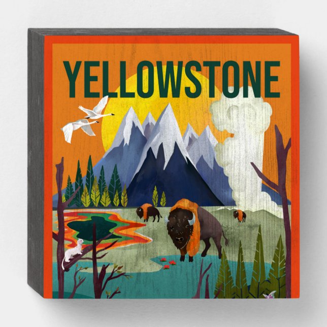 Yellowstone National Park Retro Summer Travel Art Wooden Box Sign (Front Horizontal)