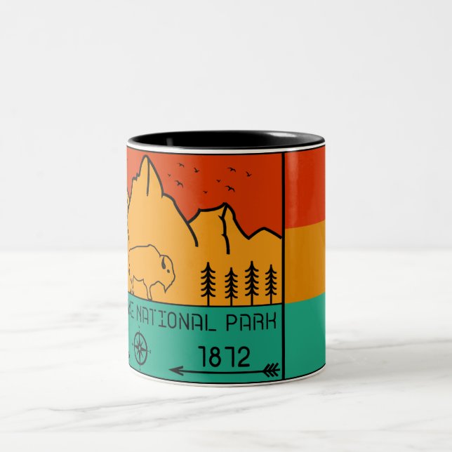 Yellowstone National Park Retro Wyoming USA Bison Two-Tone Coffee Mug (Center)