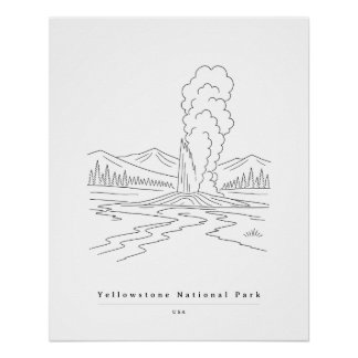 Yellowstone National Park USA Minimalist Line Art Poster