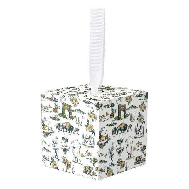 Yellowstone National Park Wildlife Pattern Cube Ornament (Front Angled)