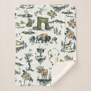 Yellowstone National Park Wildlife Pattern Sherpa Blanket