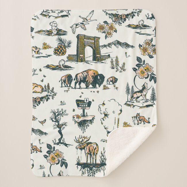 Yellowstone National Park Wildlife Pattern Sherpa Blanket