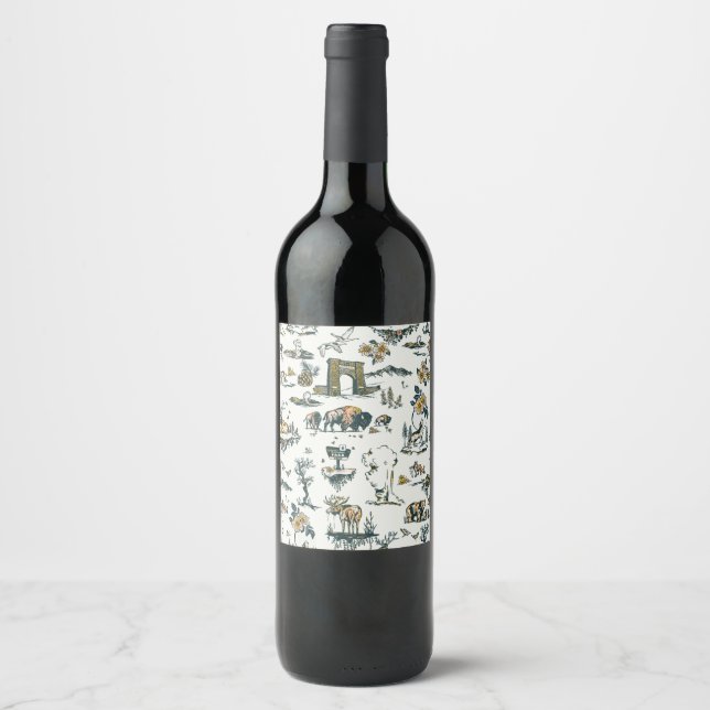 Yellowstone National Park Wildlife Pattern Wine Label (Front)