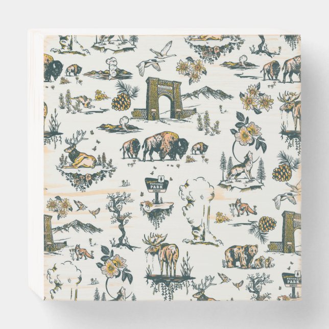 Yellowstone National Park Wildlife Pattern Wooden Box Sign (Front Horizontal)