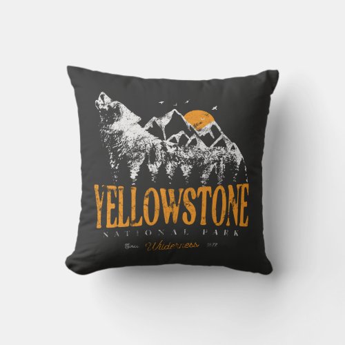 Yellowstone National Park Wolf Mountains Vintage   Throw Pillow