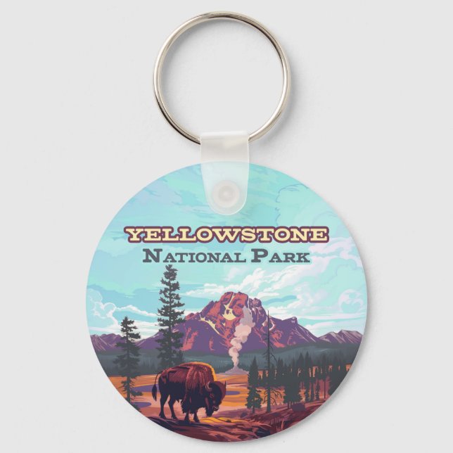 Yellowstone National Park Wyoming Bison Geyser Keychain (Front)