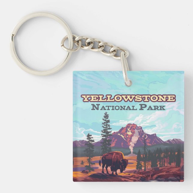 Yellowstone National Park Wyoming Bison Geyser Keychain (Front)
