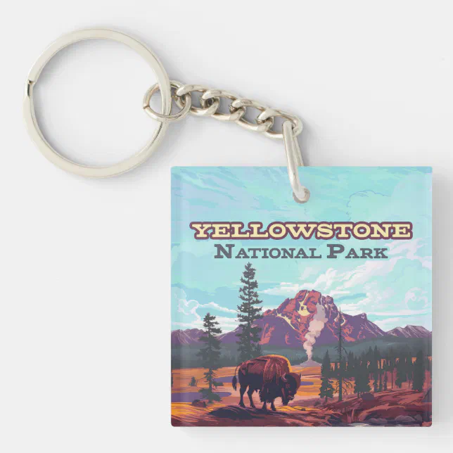 Yellowstone National Park Wyoming Bison Geyser Keychain | Zazzle