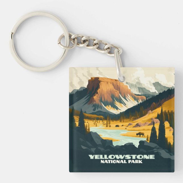 Yellowstone National Park Wyoming Mountains Retro Keychain (Front)
