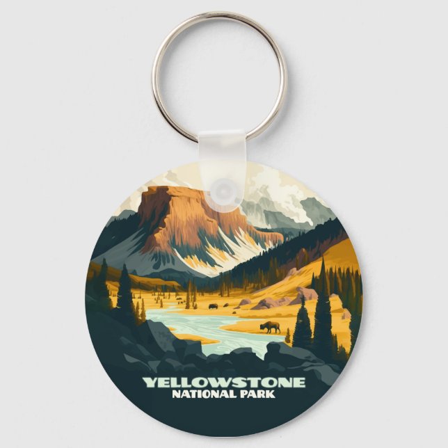 Yellowstone National Park Wyoming Mountains Retro Keychain (Front)