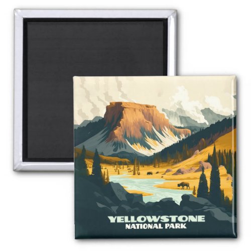 Yellowstone National Park Wyoming Mountains Retro Magnet