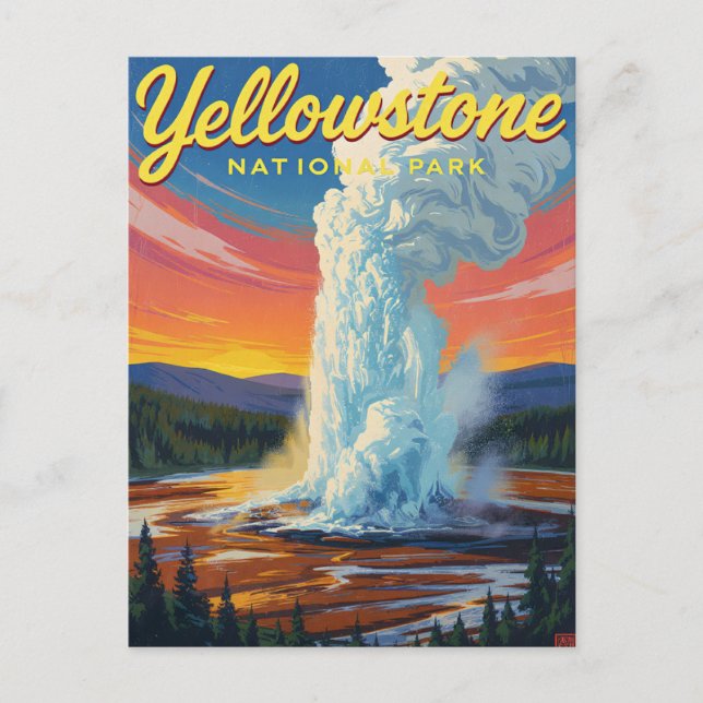 Yellowstone Old Faithful Geyser Art Postcard (Front)