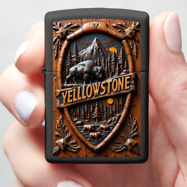 Yellowstone Ornate Bison Pine Zippo Lighter (In Hand)
