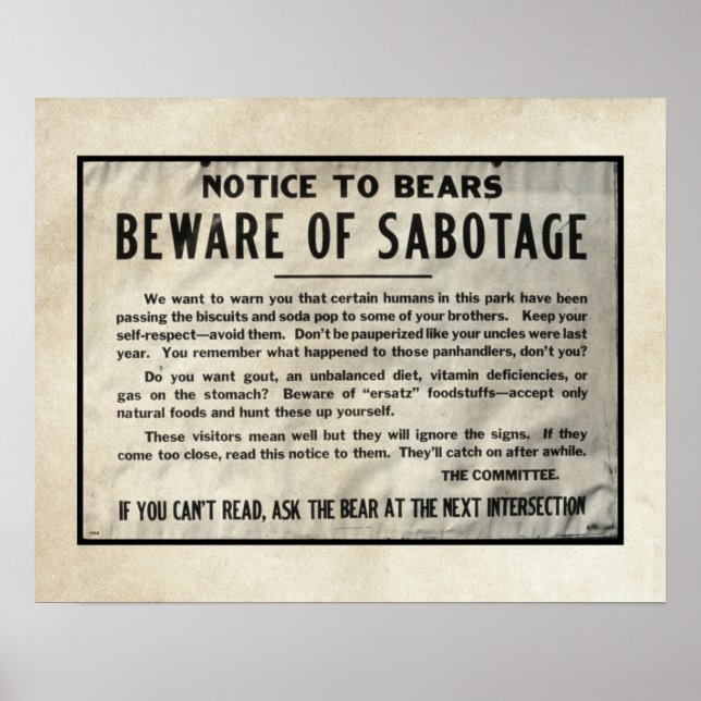 Yellowstone Park Notice Humorous Bear 1959 Poster (Front)
