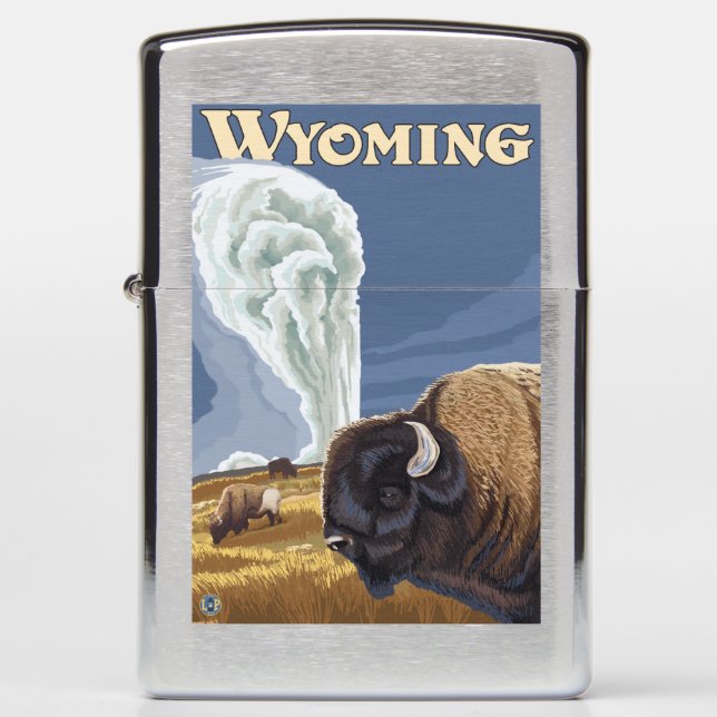 Yellowstone Park, WY - Buffalo by Old Faithful Zippo Lighter (Front)