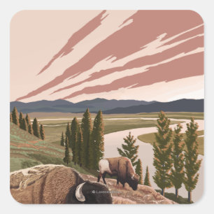Yellowstone River Bison Vintage Travel Poster Square Sticker