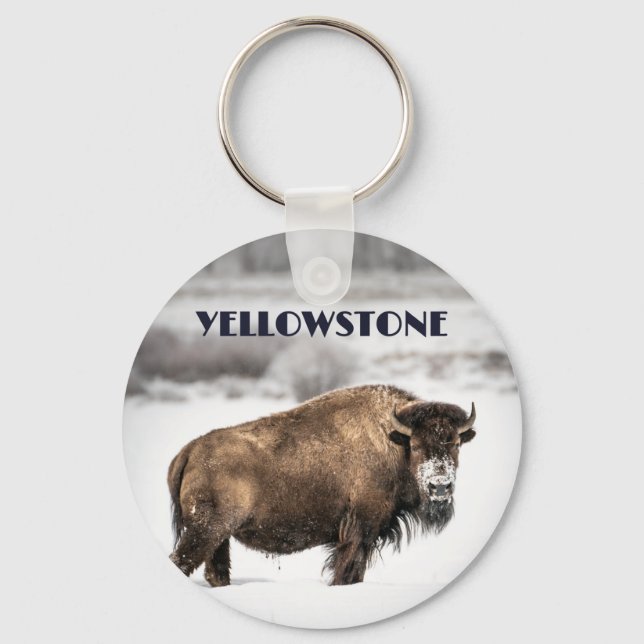 Yellowstone Snowy Buffalo Souvenir Keychain (Front)