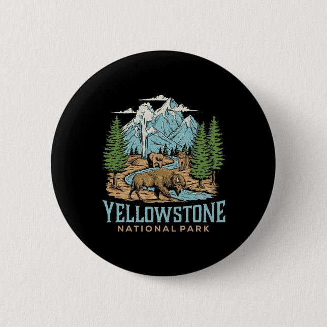 Yellowstone Us National Park Wolf Bison Bear Vinta Button (Front)