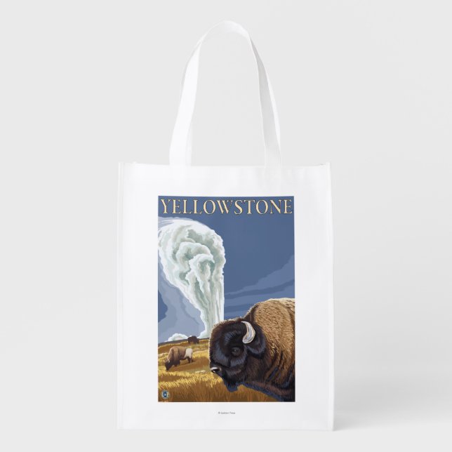 YellowstoneBison with Old Faithful Reusable Grocery Bag (Front)