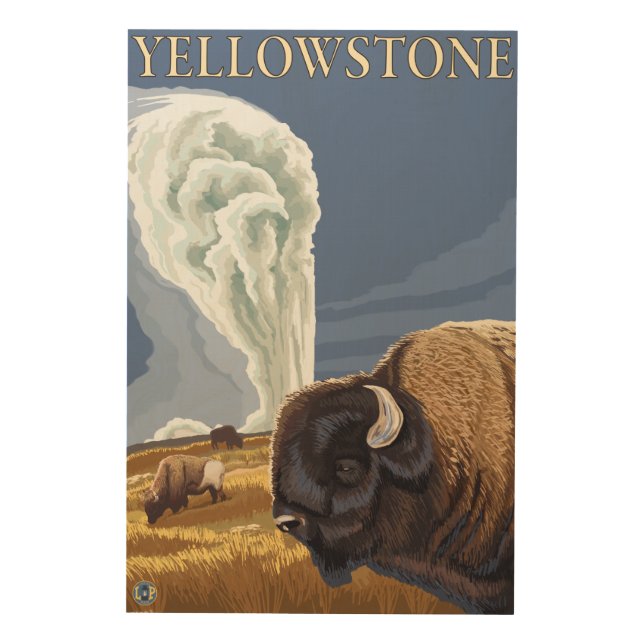 YellowstoneBison with Old Faithful Wood Wall Decor (Front)