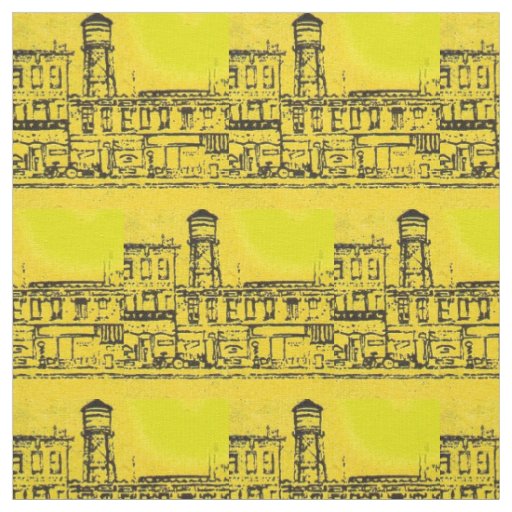 Yellowville houses and homes and water tower print fabric