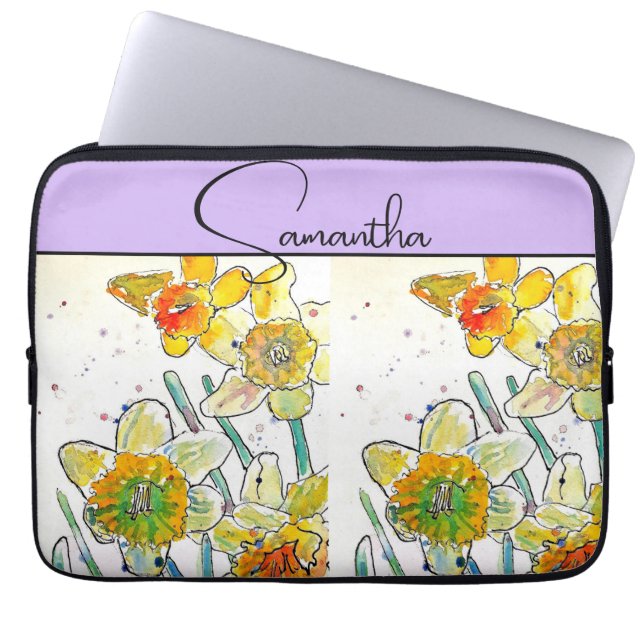 Yelow Daffodil Watercolor Daffodils Floral Flower Laptop Sleeve (Front)
