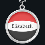Yemen Flag Name Necklace<br><div class="desc">The design for this attractive pendant features a name overlying the Yemeni flag, which has been neatly morphed to fit the round shape. The featured name can be changed to any name or text of your choice, creating a personalized gift for someone who loves Yemen.
© 2011 FlagAndMap</div>