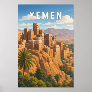 Yemen Illustration Travel Art Vintage Poster