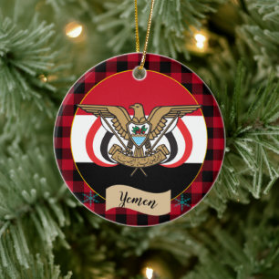 Yemen, Red buffalo plaid & Yemeni Flag Ceramic Ornament