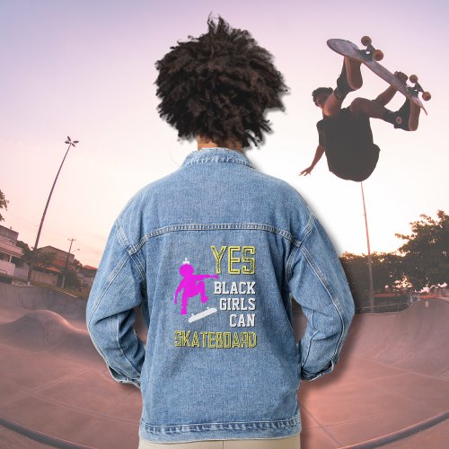 YES GIRLS CAN SKATEBOARD Afro Skater Girl Denim Jacket