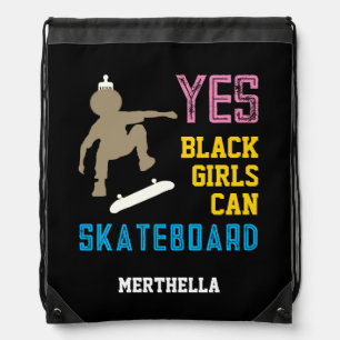 YES GIRLS CAN SKATEBOARD Retro Afro Skater Girl Drawstring Bag