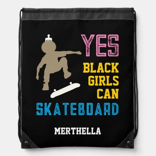 YES GIRLS CAN SKATEBOARD Retro Afro Skater Girl Drawstring Bag