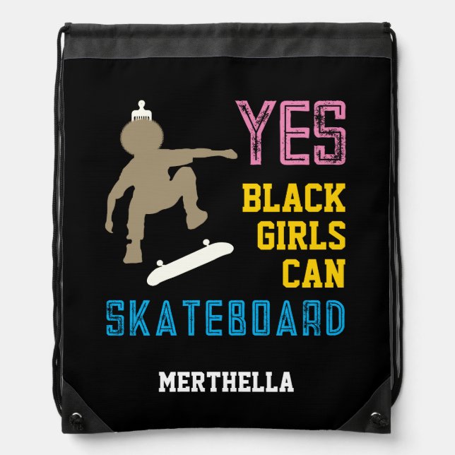 YES GIRLS CAN SKATEBOARD Retro Afro Skater Girl Drawstring Bag (Front)