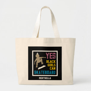 YES GIRLS CAN SKATEBOARD Retro Afro Skater Girl Large Tote Bag