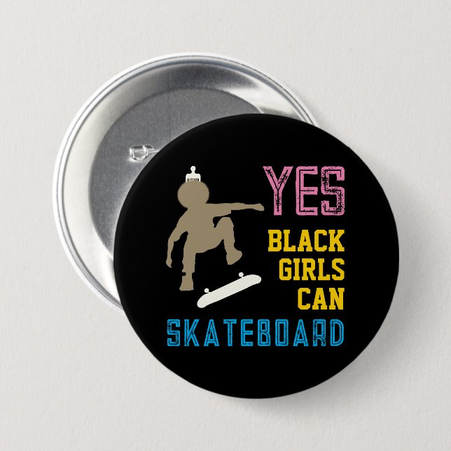 YES GIRLS CAN SKATEBOARD Retro Black Skater Girl Button (Front & Back)