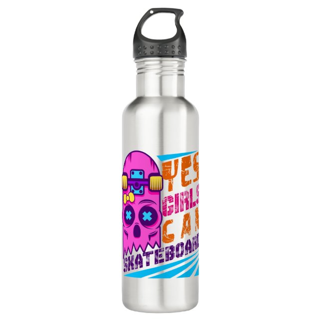 Yes Girls Can Skateboard Skateboarding Skater Stainless Steel Water Bottle (Front)