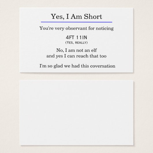 "Yes, I am short" card (Front & Back)