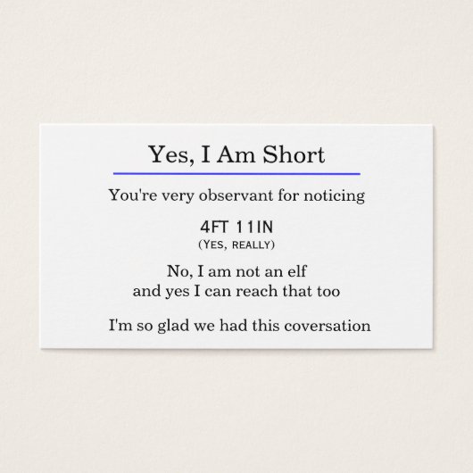 "Yes, I am short" card (Front)