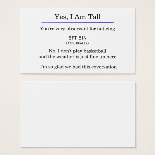 "Yes, I am tall" card (Front & Back)