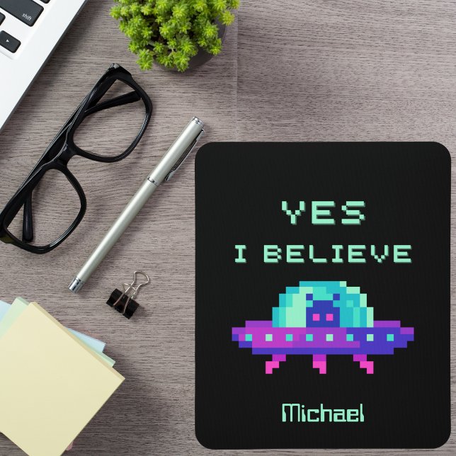 Yes I Believe Alien Flying UFO Spaceship Pixel Art Mouse Pad (Creator Uploaded)