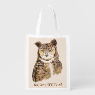 'Yes I Have Attitude!' Quote Art for Owl Lovers." Grocery Bag