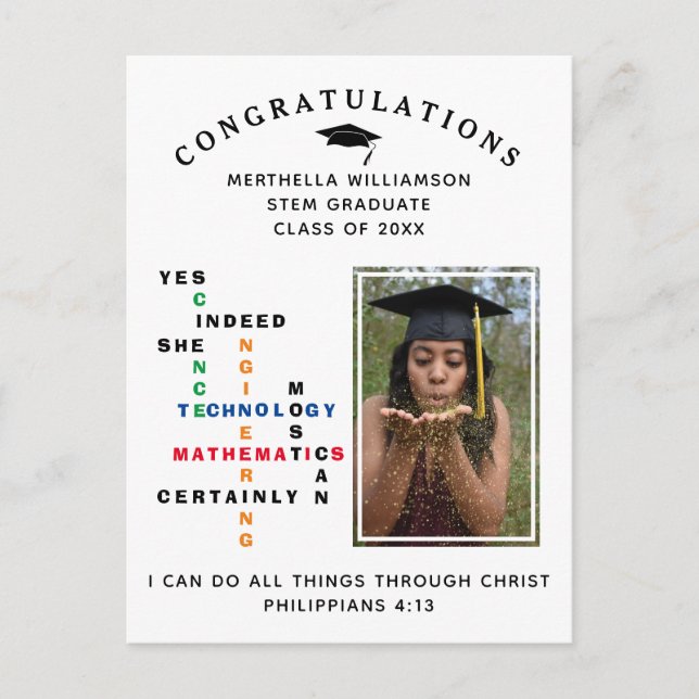 YES INDEED SHE CAN Crossword STEM Graduate Announcement Postcard (Front)