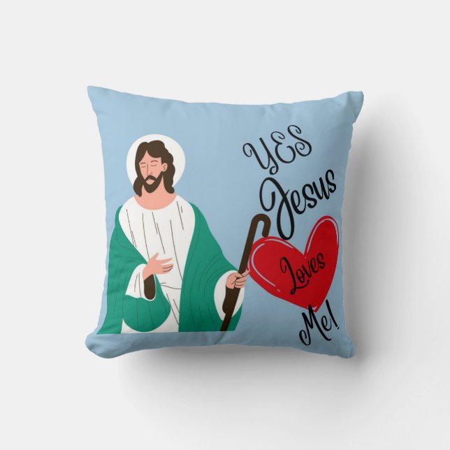 "Yes, Jesus Loves Me" Light Blue Throw Pillow (Front)
