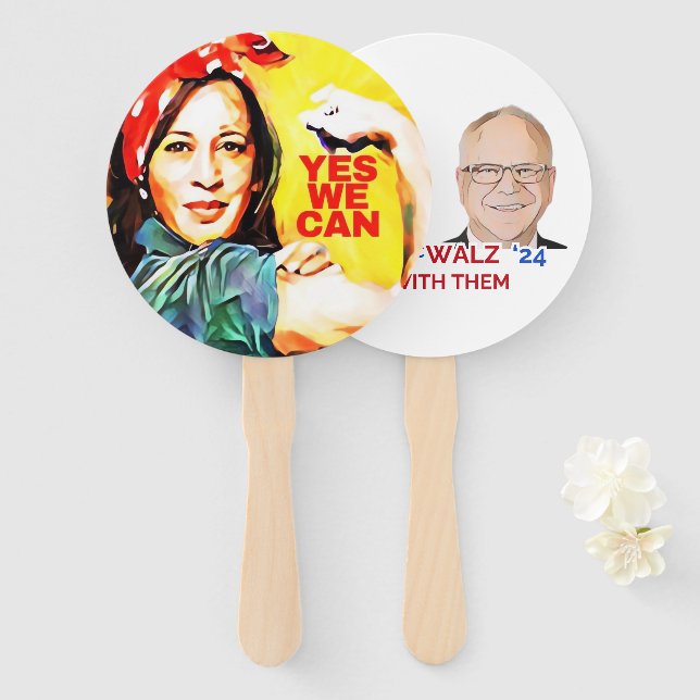 Yes We Can - Kamala Harris Tim Walz Election 2024 Hand Fan (Front and Back)