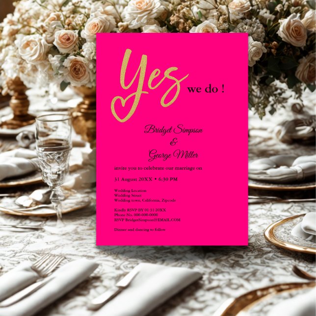 Yes We Do Hot Pink Gold Wedding Invitation (Creator Uploaded)