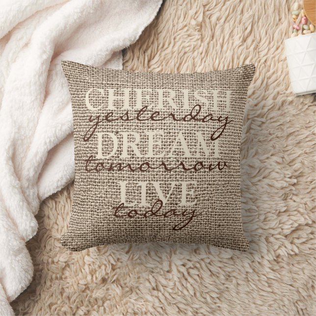 Yesterday Today Tomorrow Faux Burlap Pattern Throw Pillow (Blanket)