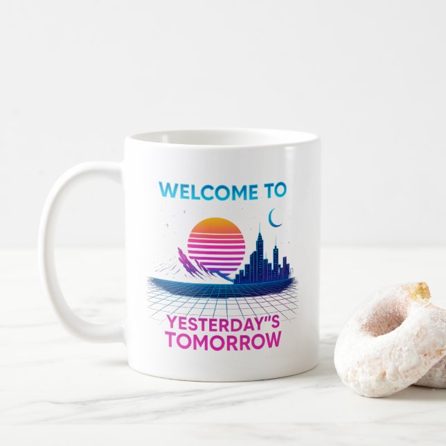 Yesterday's Tomorrow - Retro Synthwave Design Coffee Mug (With Donut)